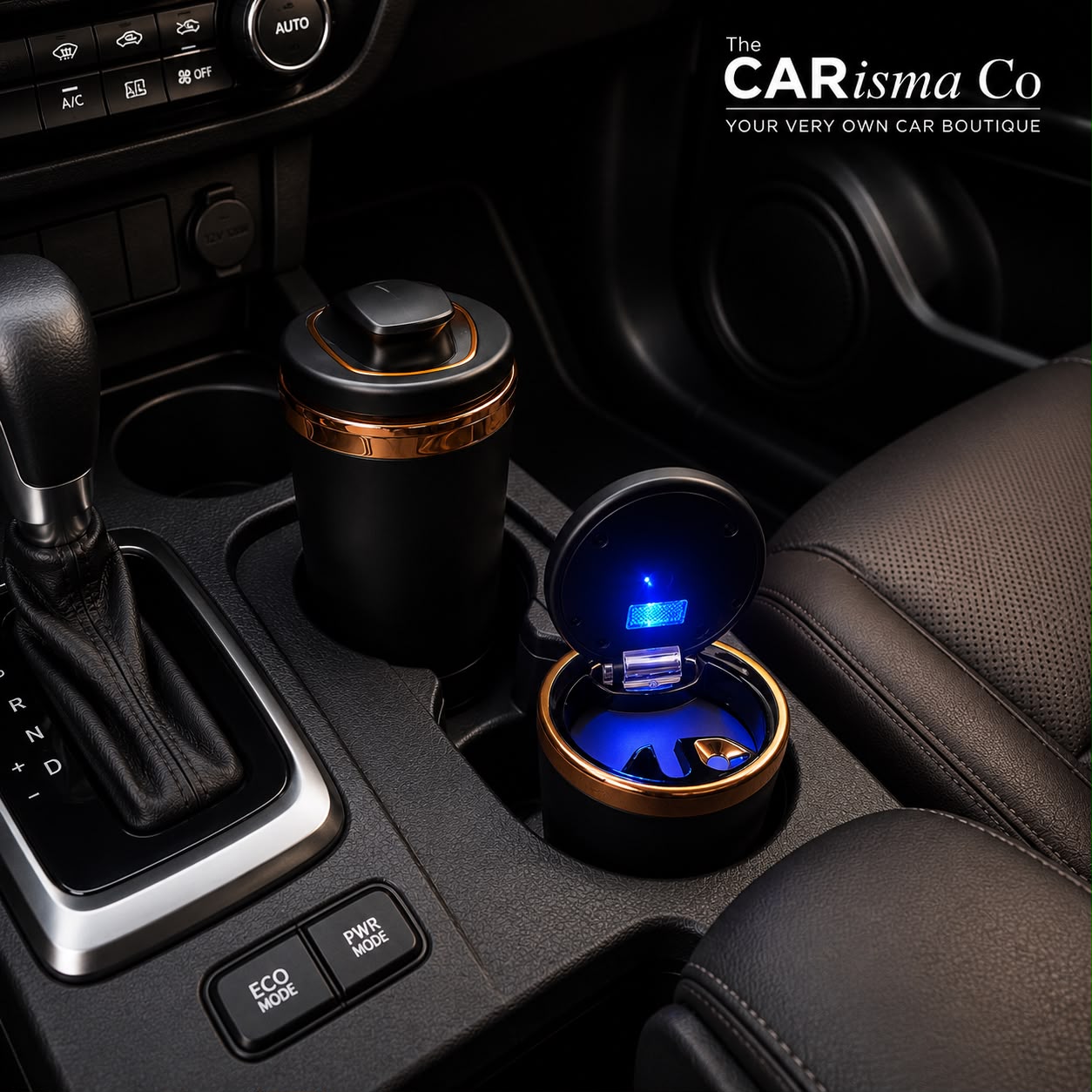 Premium LED Car Cup Holder Ashtray – Black & Gold Smokeless Car Ash Tray with Led