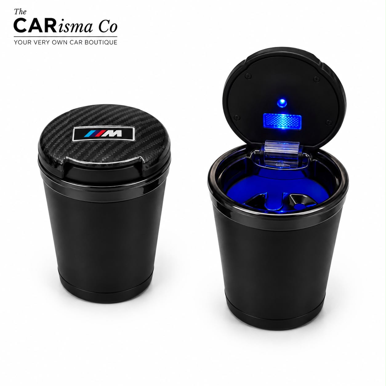 M Performance LED Car Cup Holder Ashtray – Carbon Fiber Black Smokeless Car Ash Tray with Lid