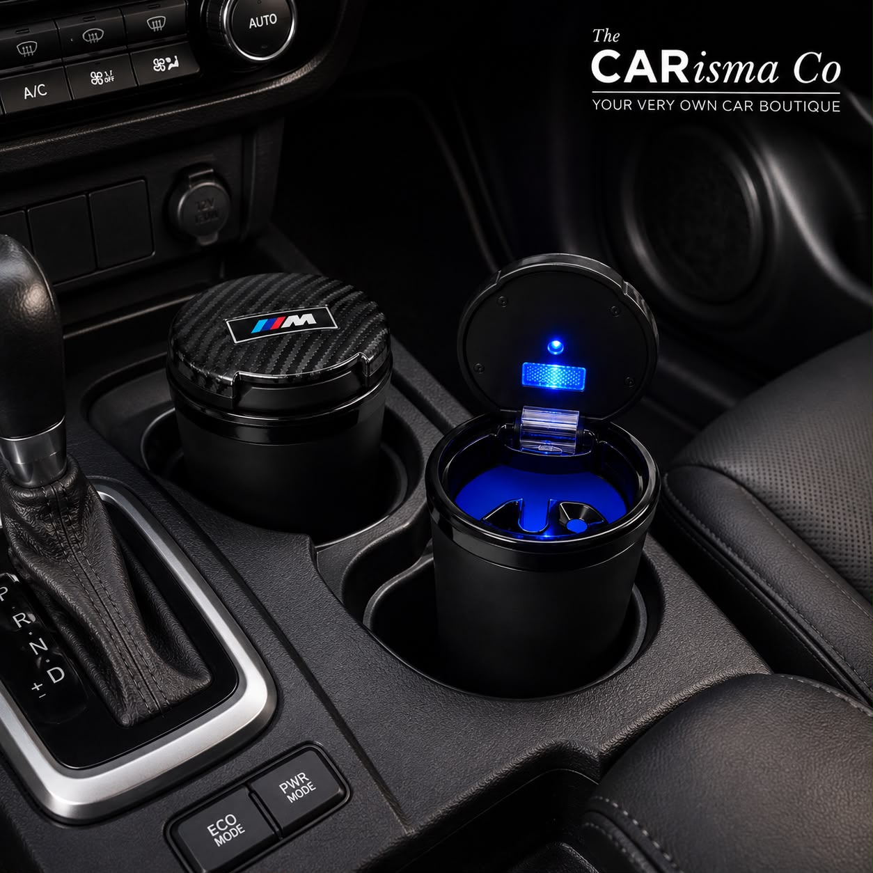 M Performance LED Car Cup Holder Ashtray – Carbon Fiber Black Smokeless Car Ash Tray with Lid