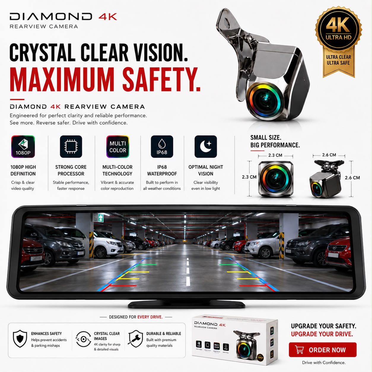 Diamond 4K 1080P Rear View Camera – HD Car Reverse Parking Camera with Wide Angle Lens