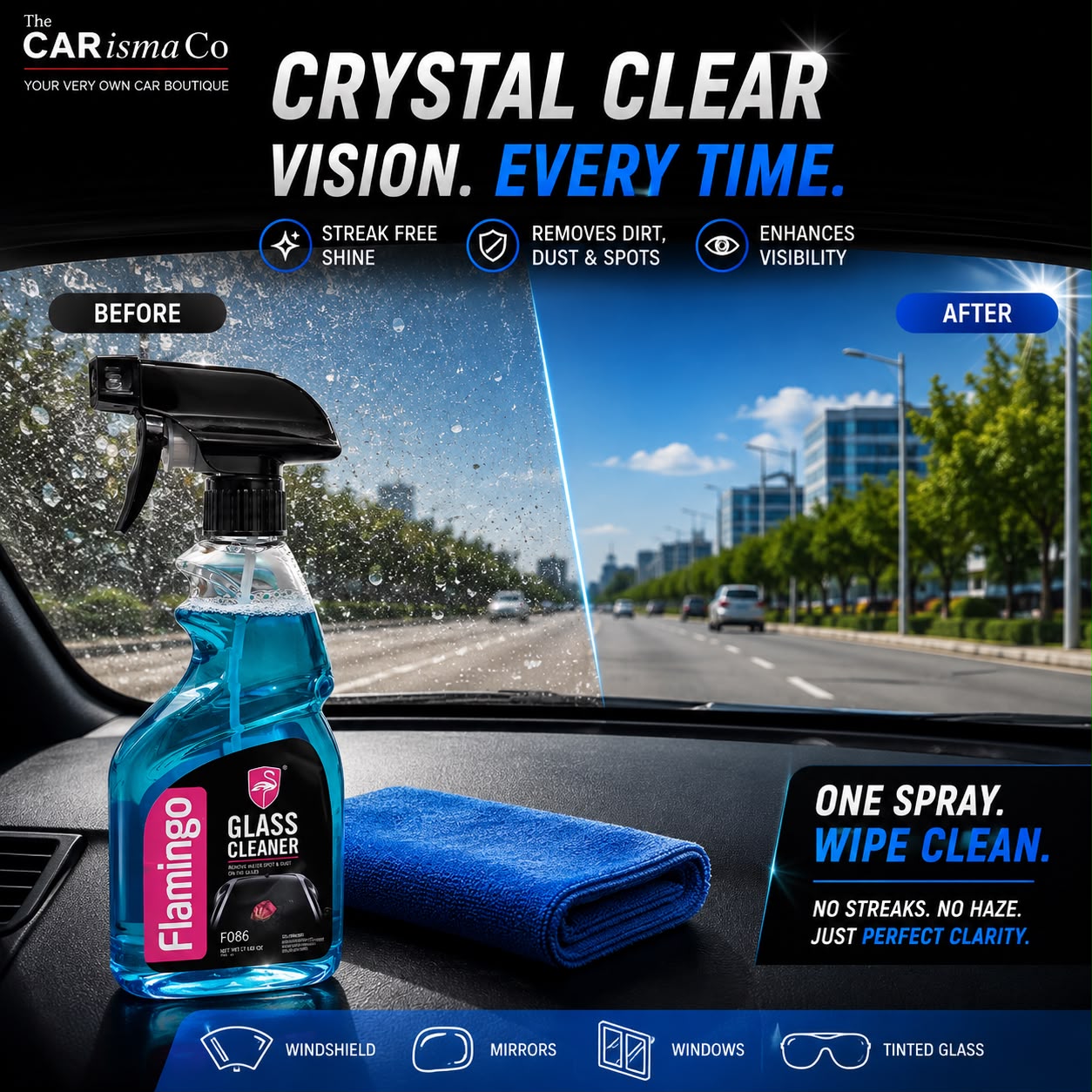 Flamingo Premium Car Glass Cleaner – Streak-Free Auto Glass & Windshield Cleaning Spray